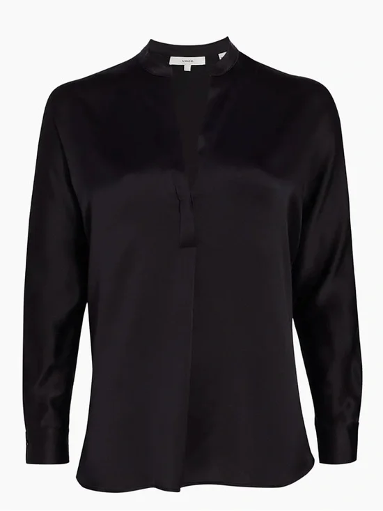 New Without Tags Vince Silk Band-Collar Blouse - Black - Size Small - Picture 3 of 4